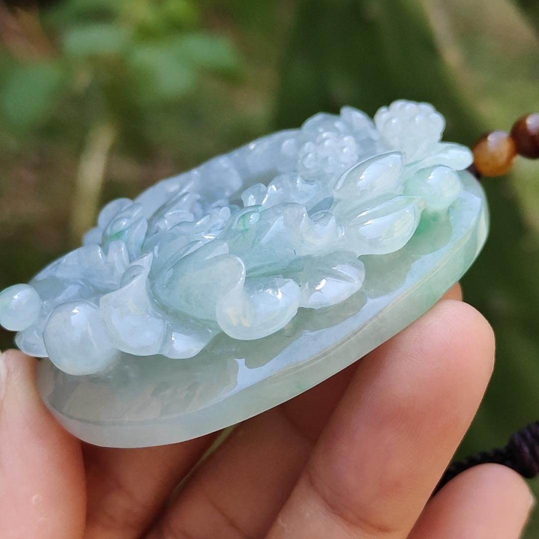 Green with Bluish Green Hue Natural Type A Jadeite Pendant Necklace crafted with Bird and flowers, symbols of Auspiciousness, blessing, Nature and vitality, certificate included weigh 69.39 grams, 55.2 * 45.8 * 15.8 mm, suitable for collection (pendant49)