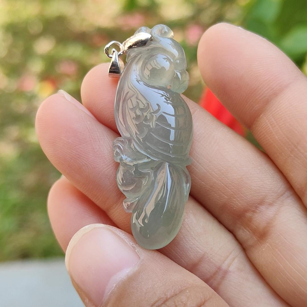 Premium Old Pit Rare Green Hue Icy Translucent Natural Type A Jadeite Jade crafted with Parrot as Pendant for the collectors, certificate weigh 6.25 grams, measurement 41.6 * 15.2 * 6.5 mm (pendant213)