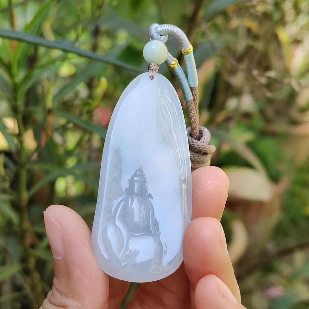 Crafted as the faceless buddha Semi Icy Natural Type A Jadeite Pendant Necklace with certificate weigh 14.03 grams, 58 * 26 * 4.9 mm, suitable for daily wear