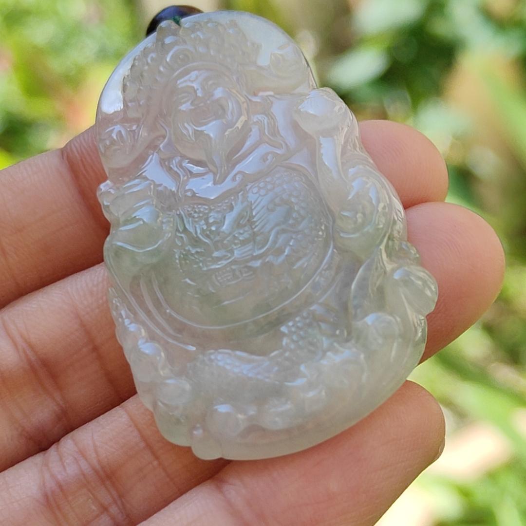 High Quality Icy Translucent Light Green Natural Type A Jadeite Jade crafted with Fortune God as Pendant, certificate weighs 16.37 grams, measurement 50.8 * 29.2 * 6 mm (pendant265)