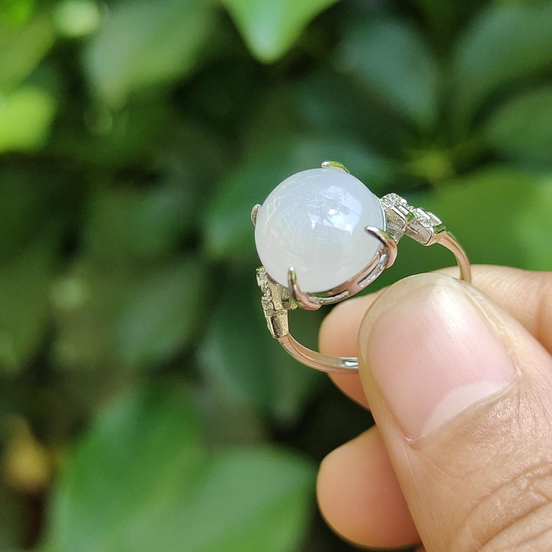 High Quality Semi Icy Cabochon with good Translucency Natural Type A Jadeite Jade set with S925 as adjustable Ring, certificate weighs 2.75 grams, measurement 12.9 * 11 * 4.8 (s925ring15)