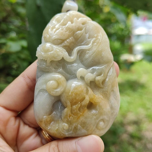 Natural Type A Jadeite with certificate Hugh Pendant carved as Dragon with Yellow weight 103.37 grams, 76.60 * 49.80 * 16.80 mm suitable for occasion wear or for collections (pendant124)