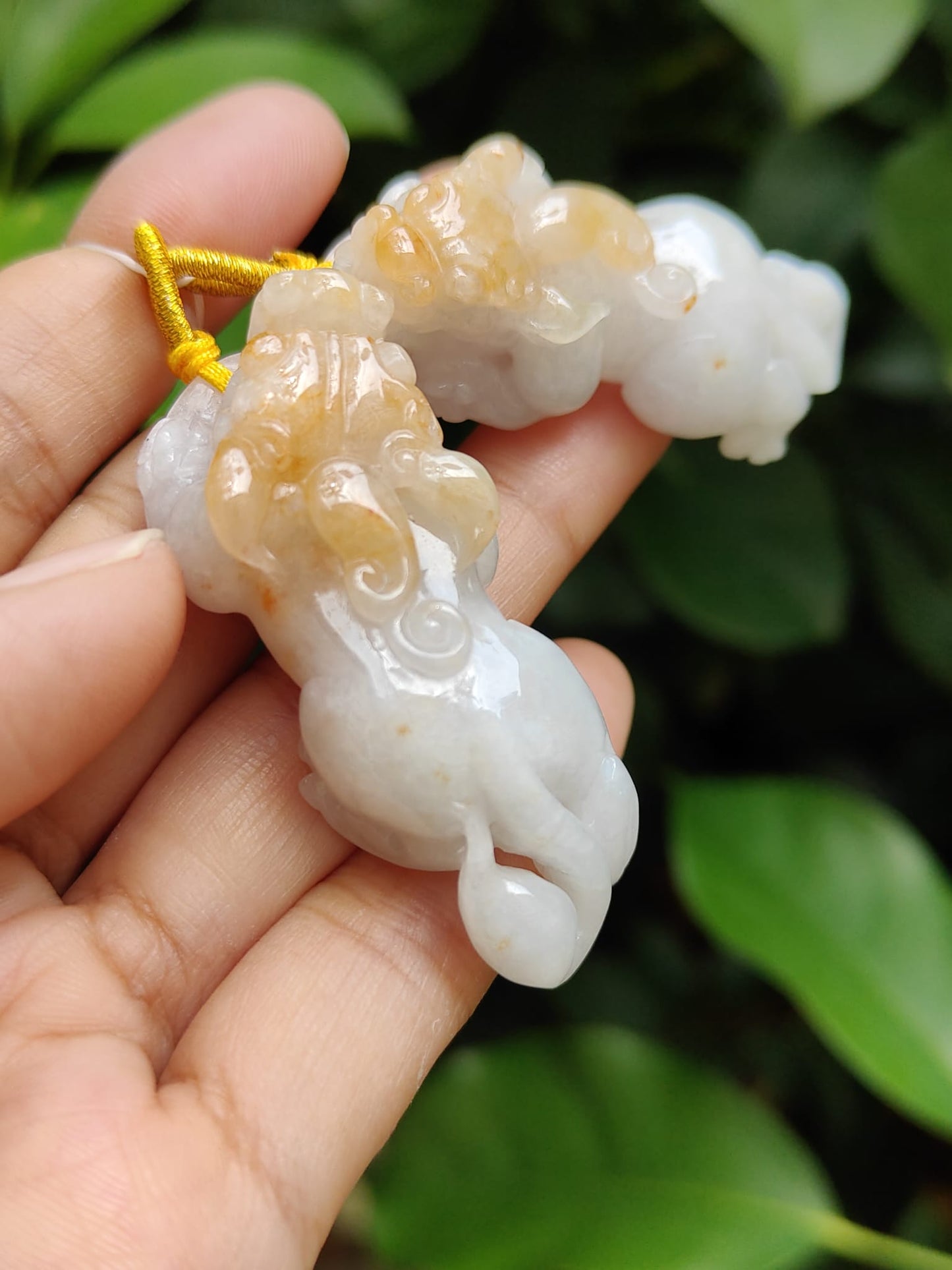 Sales - High Quality Pair of White, Yellow Natural Type A Jadeite Jade crafted as Pixiu for Pendant, certificate weighs 24.25 / 19.87 grams, measurements 50 * 21.3 * 14.1 / 47 * 20.6 * 13.6 mm (pendant292)