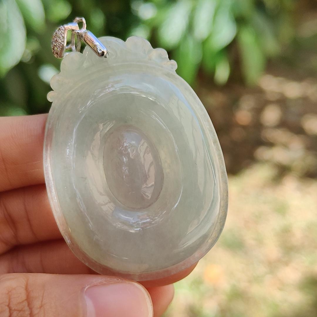 Good Quality Light Green Hue Icy Natural Type A Jadeite Jade crafted with Fobe as pendant, meaning Good luck, happiness, wealth and honor, certificate weigh 19.03 grams, measurement 50.2 * 36.3 * 6.2 mm (pendant234)