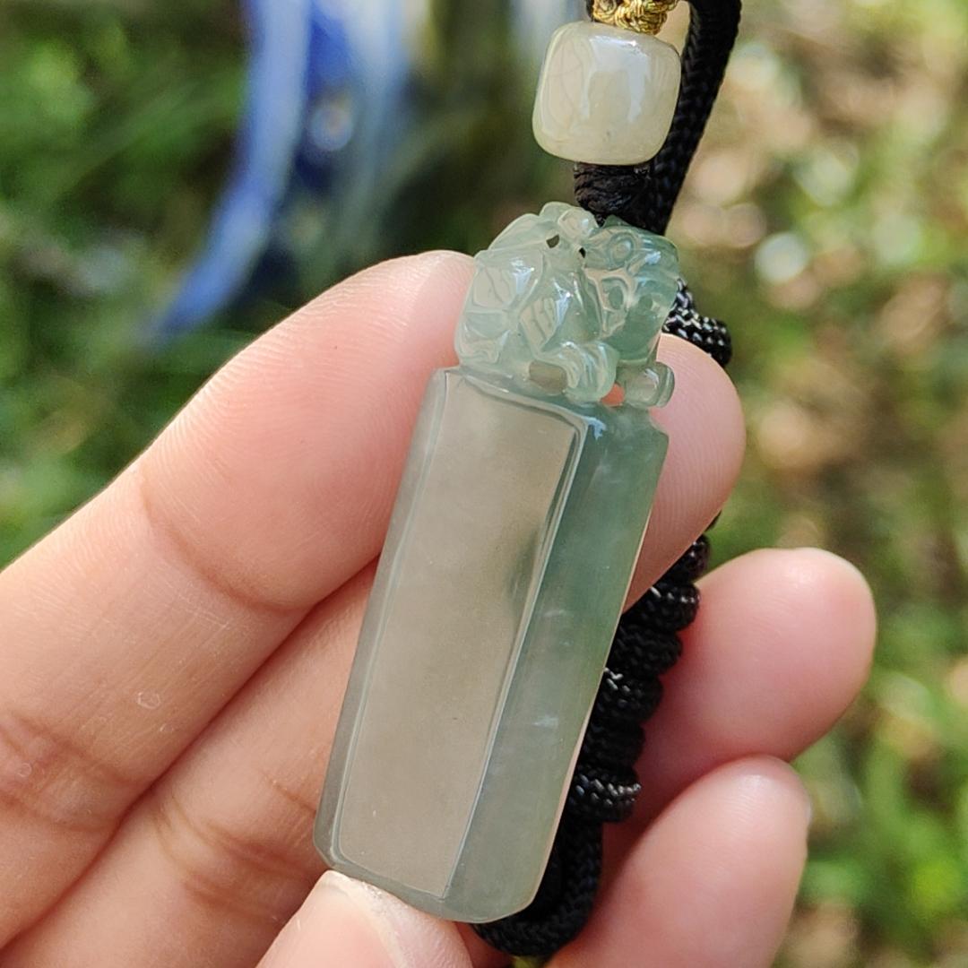 An Excellent Piece of Green Natural Type A Jadeite Pendant Necklace or Stamp crafted with Pixiu boosting Incoming Money and power with certificate weigh 13.16 grams, 41.2 * 13.6 * 8.7 mm , (pendant137)