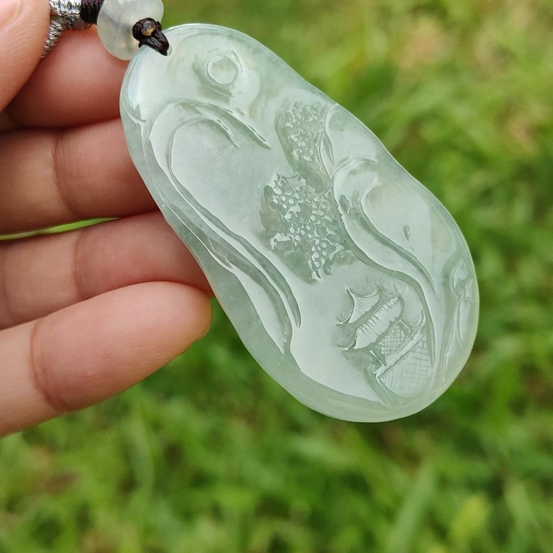 Premium Full Light Green with Good Translucency Natural Type A Jadeite Pendant Necklace crafted with Moutain, Trees, Houses, Bride and Running Water with certificate weigh 28.09 grams, 54 * 29.8 * 9.8 mm (pendant36)