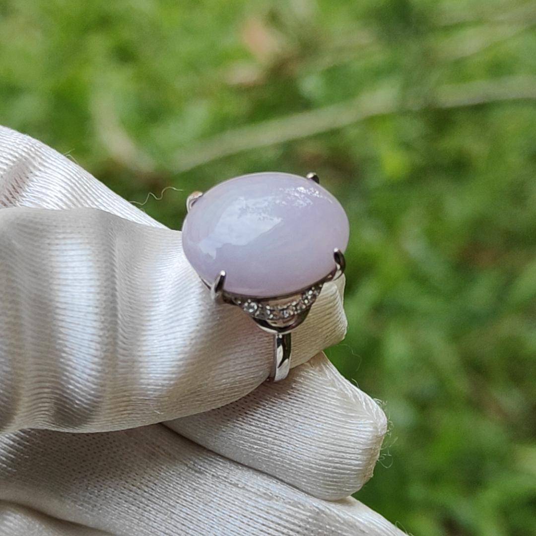 S925 Setting with Lavender Cabochon 15.6 * 12.3 * 5.2 mm Natural Type A Jadeite Jade Ring with certificate weigh 3.23 grams, finger size adjustable (s925ring4)