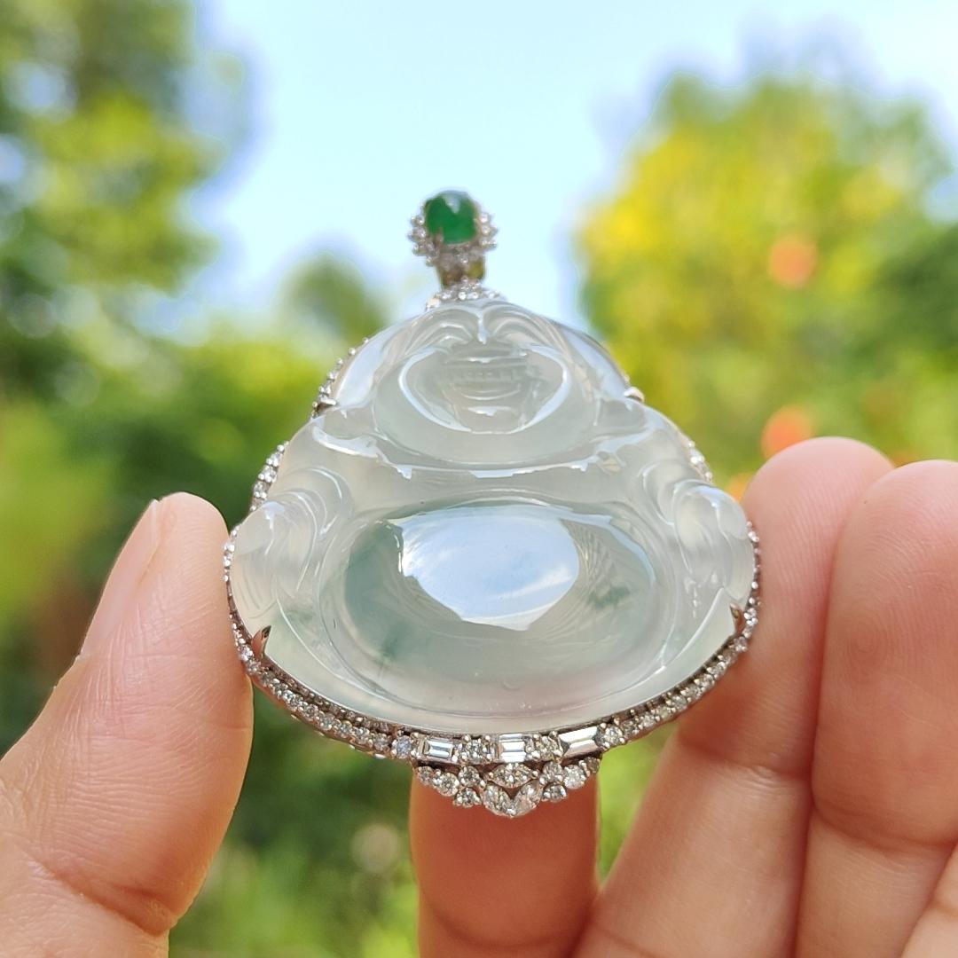 18k Gold pendant Setting with diamonds, 1 small green cabochon and floating flower cloud highly translucent Natural Type A jadeite with NGI Gemstone report weight 15.49 grams, 33.47 * 36.01 * 6.65 mm , 18k gold tested x-ray fluorescence method (18kp4)