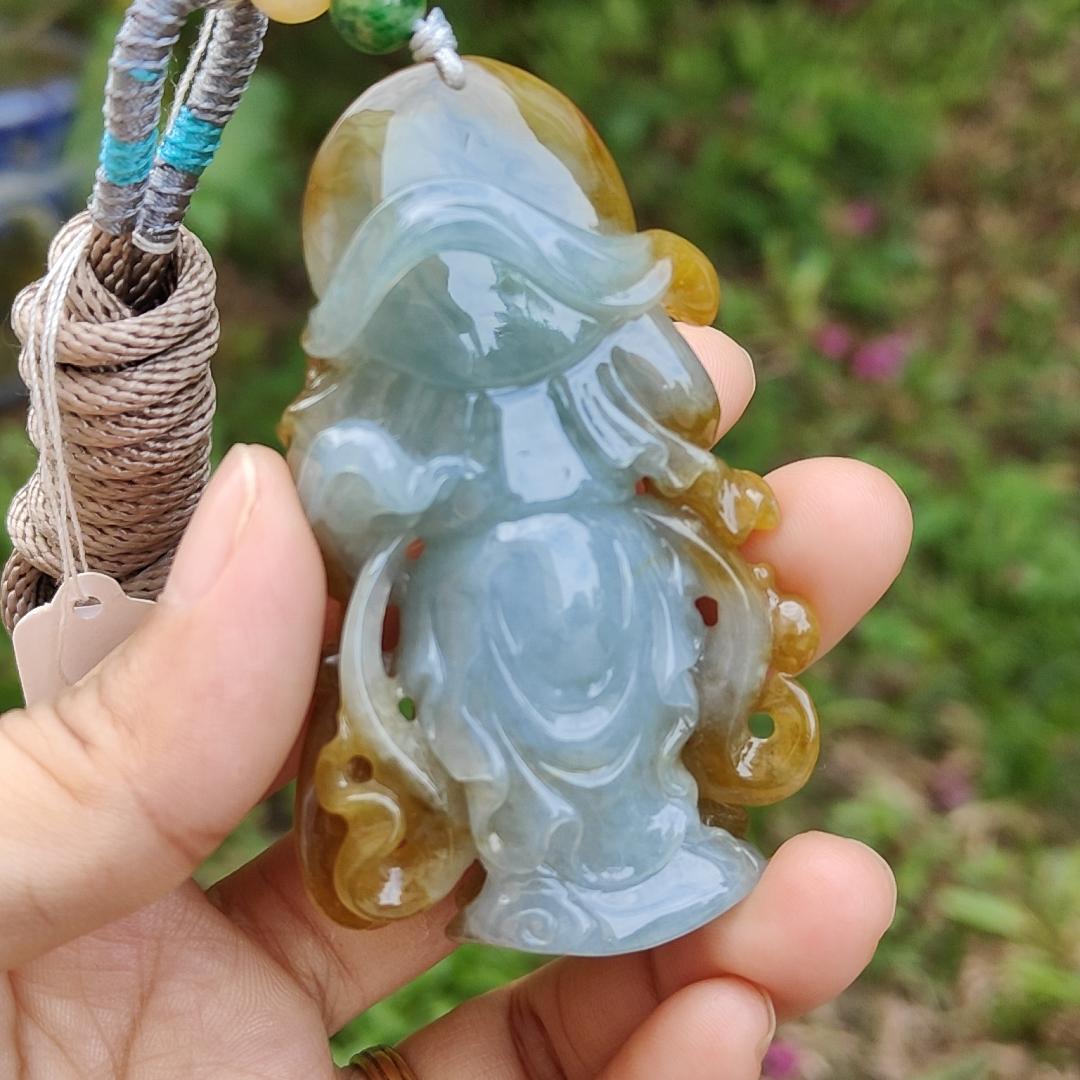 Special Sales - Very Rare Brown and Light Green Natural Type A Jadeite Jade crafted with Guan Gong as Pendant with certificate weigh 66.01 grams, measurement 70 * 43.7 * 18 mm (pendant228)