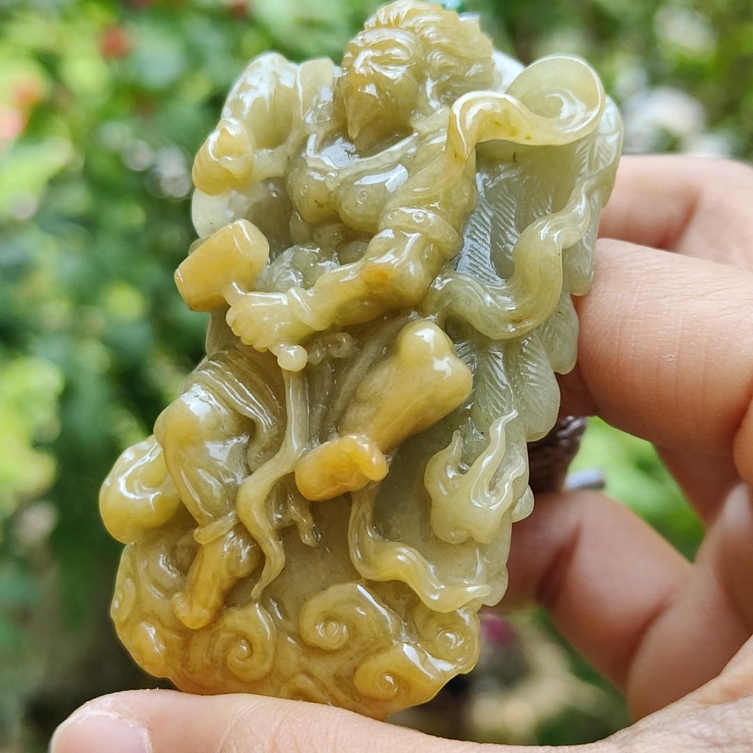 Super Rare Yellow with Light Green Hue Natural Type A Jadeite Jade crafted with shape of Lei Zhenzi as Pendant, certificate weighs 79.58 grams, measurement 69.8 * 42 * 19.5 (pendant257)