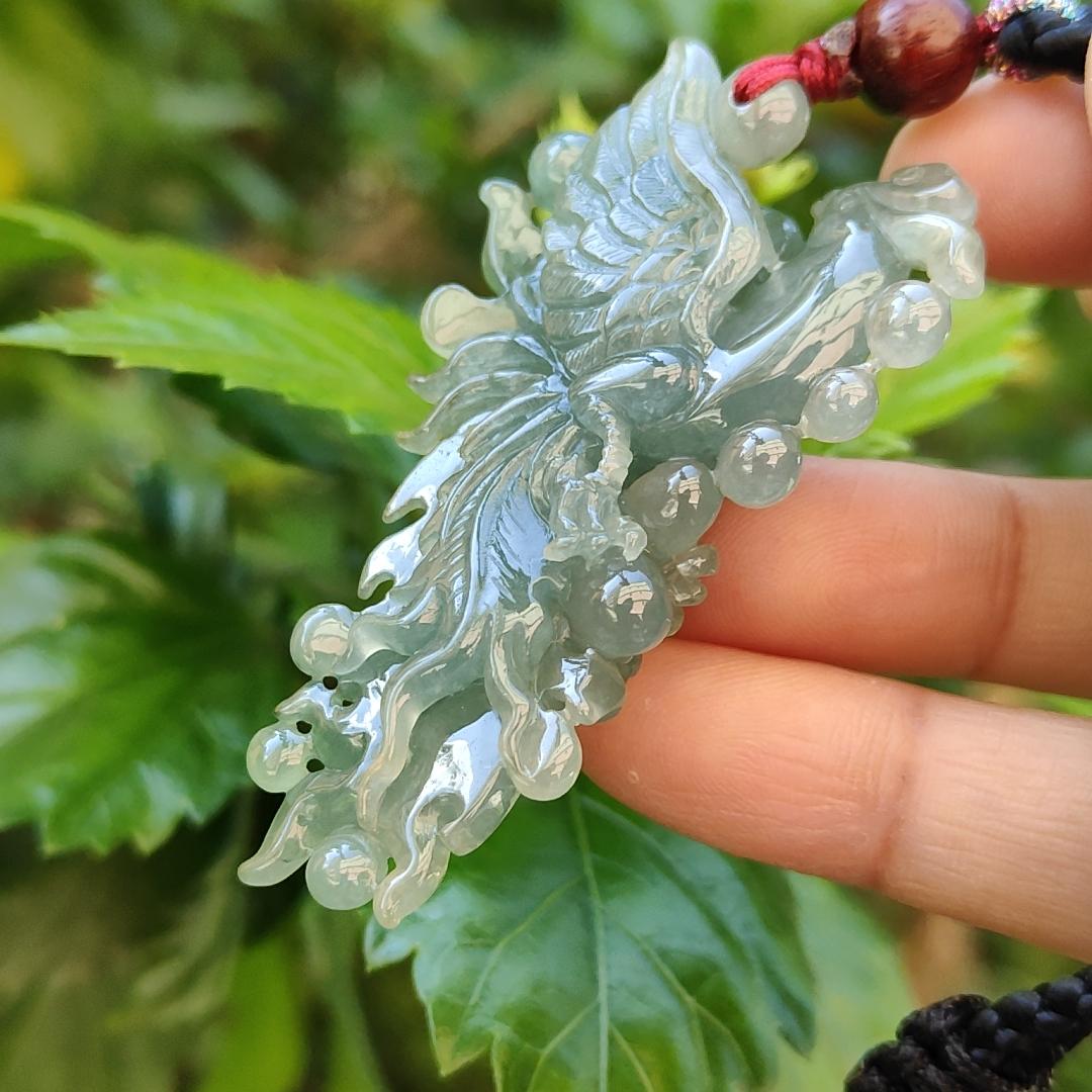 Green Pheonix Natural Type A Jadeite Pendant with certificate weighs 21.83 grams, 58 * 33.9 * 12.1 mm, meaning Endless, brave and strong, not forgetting also represent good luck, suitable for daily wear (pendant87)