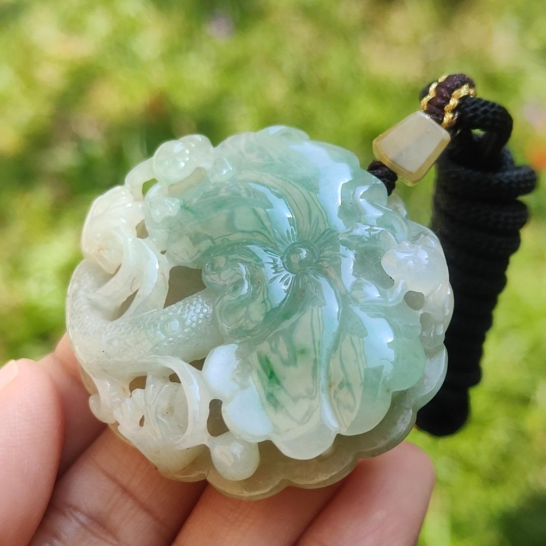 Rare Quality Yellow and Green Natural Type A Jadeite Jade beautifully crafted with frog and lotus old school hollow style, certificate weigh 27.08 grams, measurement 41.6 * 48 * 11 mm (pendant209)