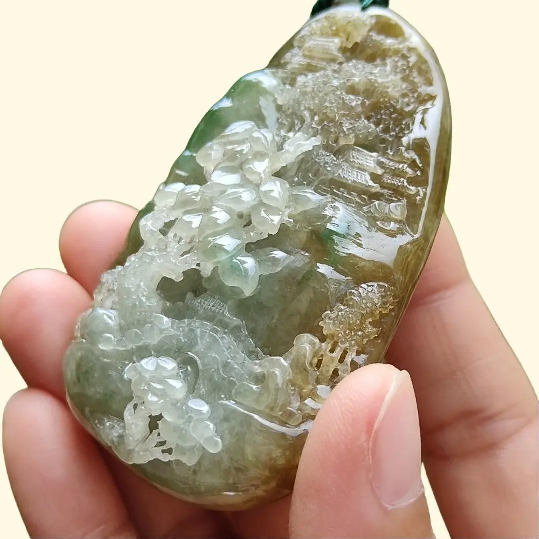 Hugh, Rare, High-Quality Brown with Light Green Natural Type A Jadeite Jade crafted with Sceneries as Pendant, certificate weighs 67.2 * 43.3 * 19.3 mm (pendant266)