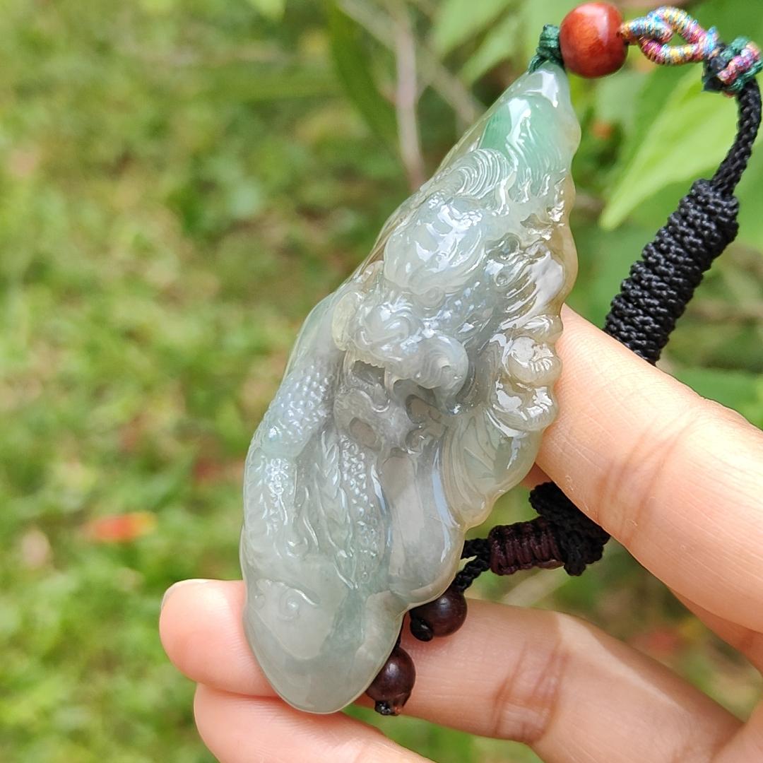 Super Rare Hugh Green and Yellow Natural Type A Jadeite Pendant Necklace Crafted with a Domineering Dragon symbols of Rise step by step, rise rapidly, with certificate weigh 44.19 grams, 77.2 * 37.5 * 15.8 mm (pendant25)