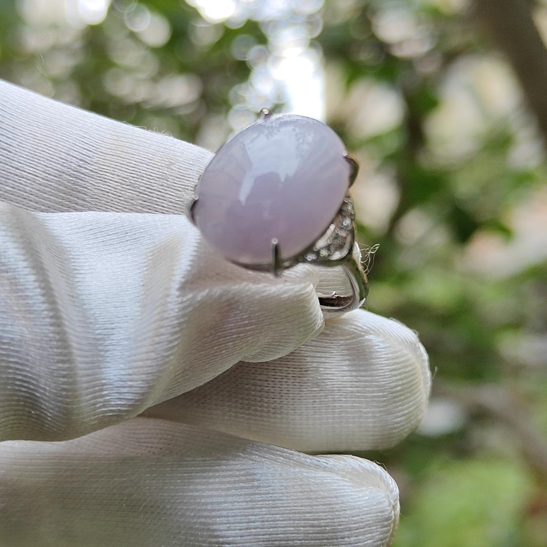 S925 Setting with Lavender Cabochon 15.6 * 12.3 * 5.2 mm Natural Type A Jadeite Jade Ring with certificate weigh 3.23 grams, finger size adjustable (s925ring4)