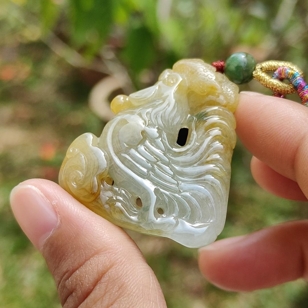 Premium Quality Yellow and Green Natural Type A Jadeite Jade crafted as Rooster with Ruyi as pendant necklace with certificate weigh 17.7 grams, measurement 41.6 * 34.8 * 7.5 mm (pendant208)