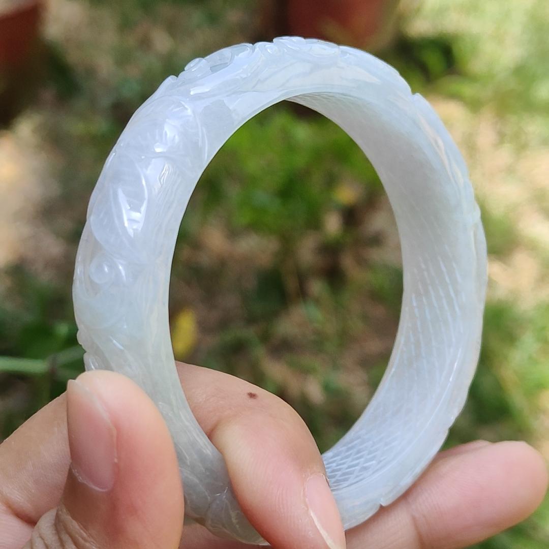 Light Lavender Natural Type A Jadeite Jade crafted with Pattern of Flowers with shape of Peace Bangle Bracelet , certificate weigh 60.82 grams, measurement 14 * 8.6 mm, Bangle Wrist Size: 56.5 mm (bangle6)