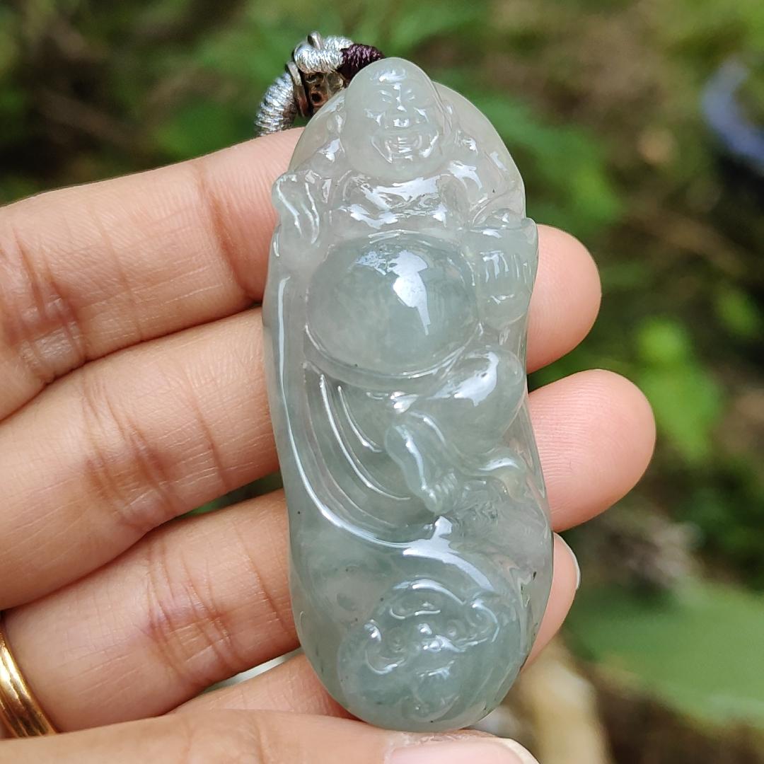 Premium Rare Semi Icy Natural Type A Jadeite Jade crafted with Milo Buddha as Pendant Necklace with certificate weigh 30.56 grams, measurement 56 * 23 * 12.8 (pendant207)