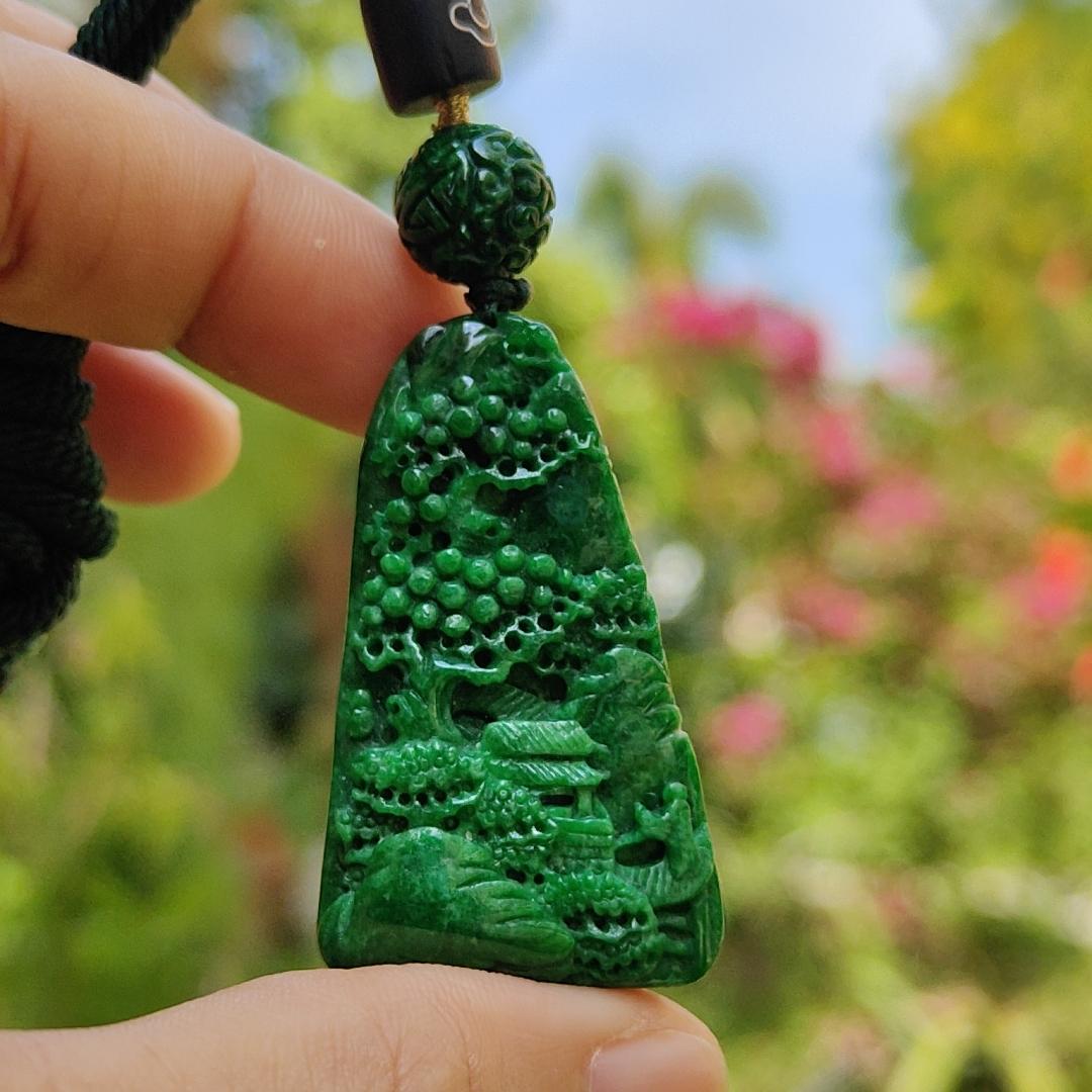 Dark Green Natural Type A Jadeite carved with scenery pendant with NGI Gemstone report weight 19.21 grams , 43.10 * 25.36 * 7.50 mm , Semi Translucent to opaque fine grain crystal aggregate - Good for daily wear pendant (pendant152)