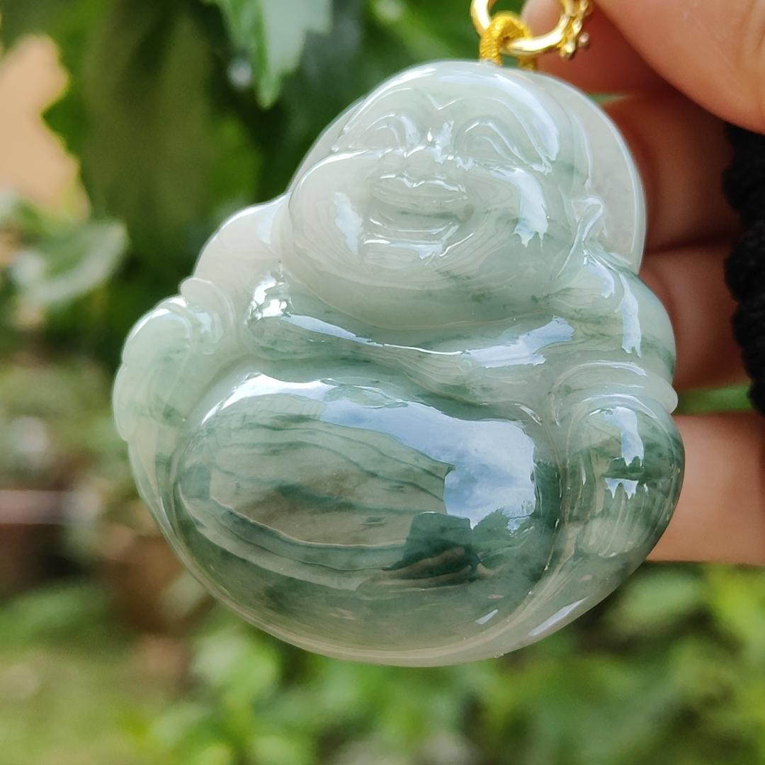 Rare, Hugh, Old Mine Translucent Floating bluish green patches Natural Type A Jadeite Pendant carved as Milo Buddha weight 232.82 grams, 52.83 * 51.18 * 12.18 mm, fine grain crystal aggregate suitable for daily wear with NGI Certificate (pendant143)