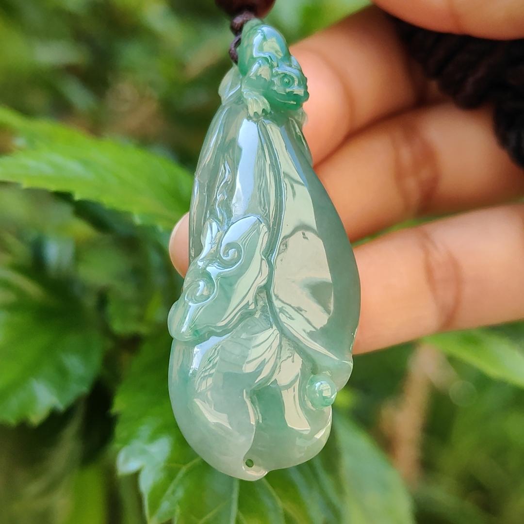 Very beautiful Full Green and Light Green Hue Natural Type A Jadeite Jade crafted with Three Legs Toad with coin and Ruyi with certificate weigh 16.97 grams, measurement 52.8 * 21.2 * 10.7 mm (pendant180)