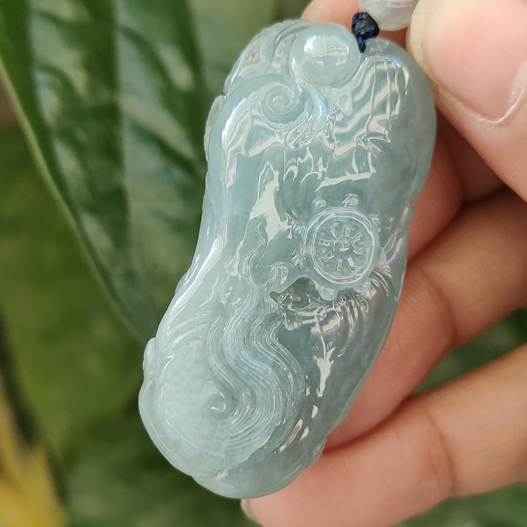 Natural Type A Jadeite Jewellery Pendant carved with dragon weighs at 30.06 grams , 50.32 * 23.30 * 12.93 mm - with Gemstone report from NGI - Very Good Translucency with faint greenish blue (pendant140)