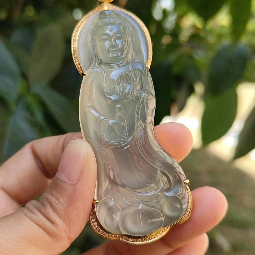 Super Rare Premium High Quality Light Green with Green Natural Type A Jadeite Jade crafted as Standing Guanyin set on 18k Gold with diamonds and one green cabochon, certificate weigh  27.19 grams, measurement 89.9 * 33.2 * 11.9 mm (18kp34)