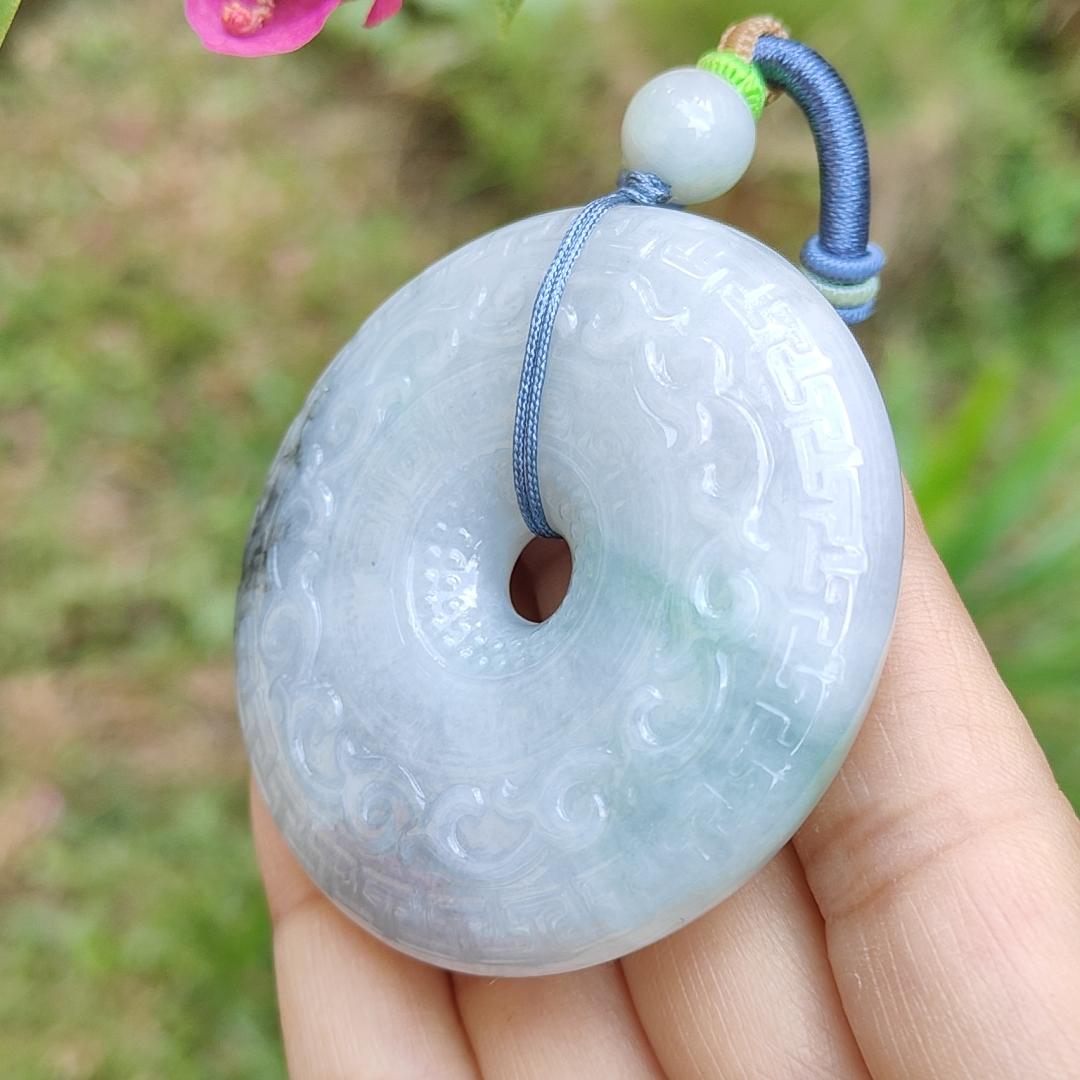 Hugh Natural Type A Jadeite Pendant Crafted as Dounut with beautiful archaize style with floating green and some wuji with Purple Hue, QIC Labs approved cert weigh 71.13 grams, 54.3 * 54.3 * 12.2 mm, symbols of Everything is going well (pendant64)