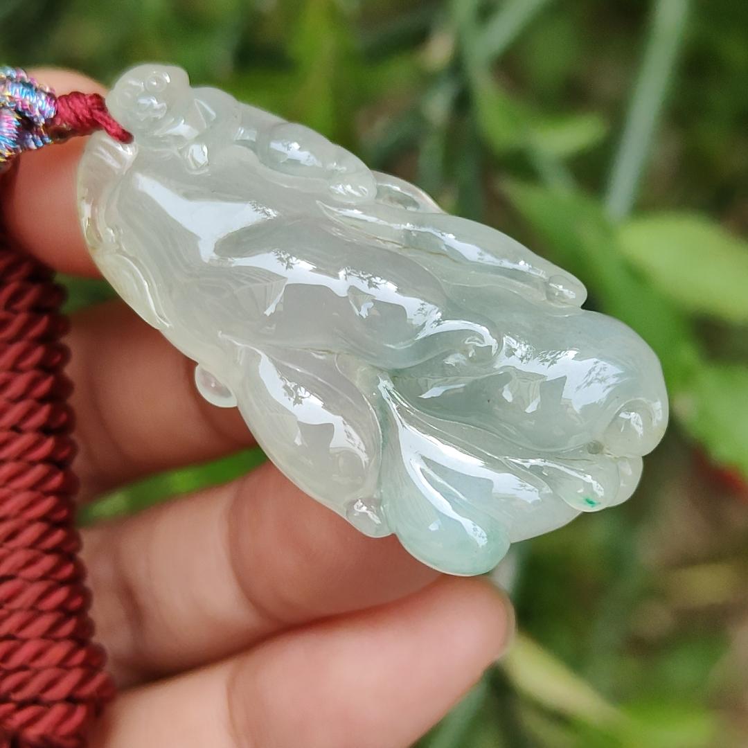 Icy with good translucent glossy texture Natural Type A Jadeite Pendant Necklace, Crafted with Monkey on Chayote symbols of Golden Monkey Brings Longevity and Double Blessings, certificate included weigh 16.84 grams, 44 * 21.3 * 11.8 mm, collectible jade