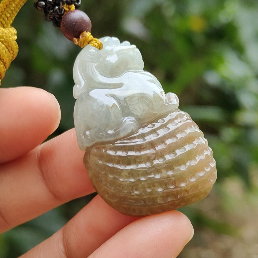 Quality Yellow with Light Green Hue Natural Type A Jadeite Jade crafted with Lion as Pendant, certificate weighs 17.82 grams, measurement 38 * 24 * 11.6 mm (pendant241)