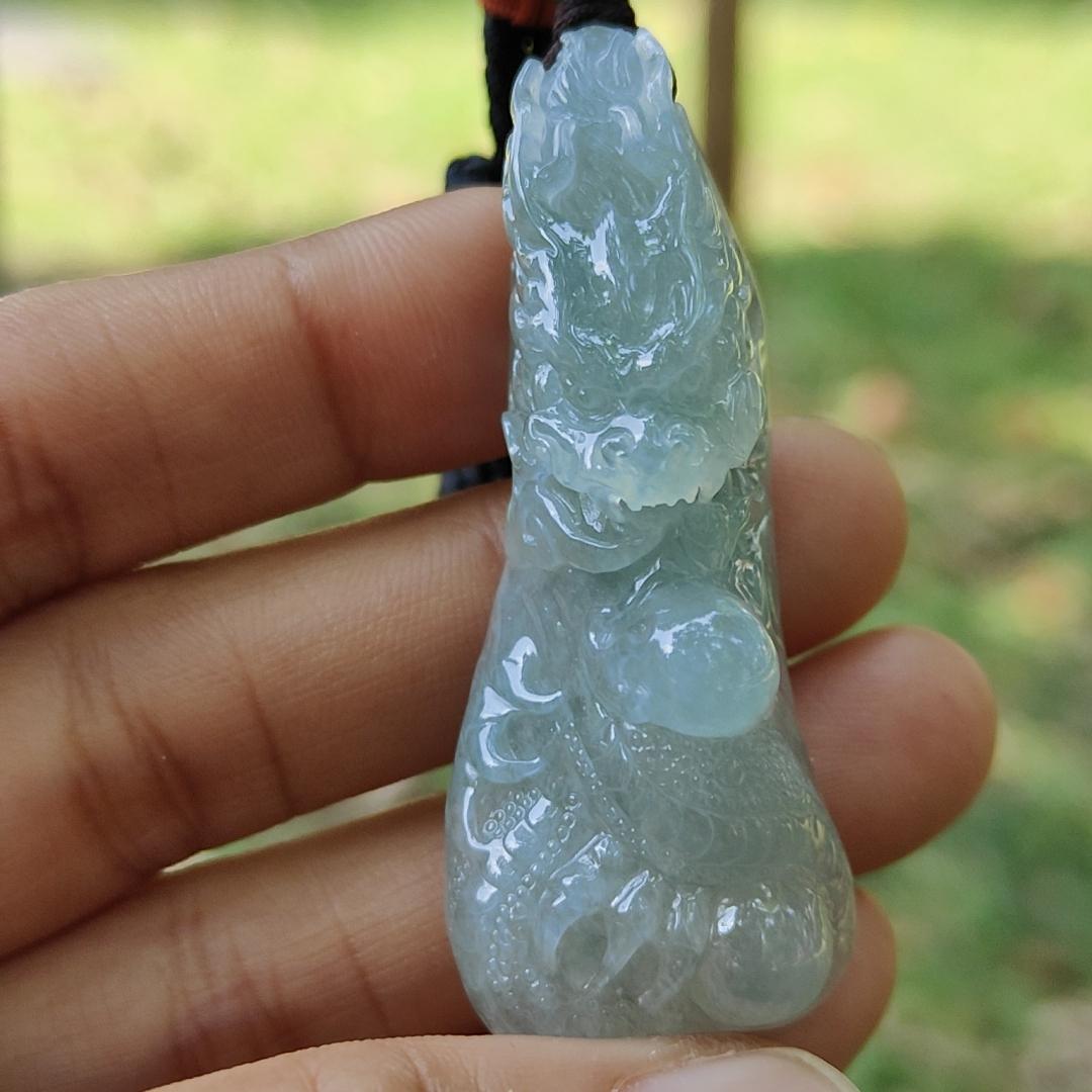 High Quality Beautifully crafted as Dragon with Semi Icy Translucent Natural Type A Jadeite Jade as Pendant, certificate weighs 22.18 grams, measurement 54.6 * 21.5 * 15.7 mm (pendant270)