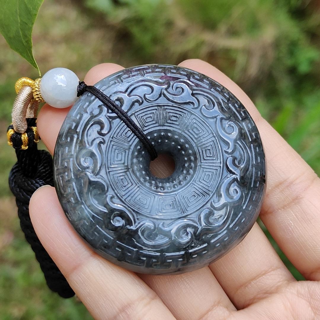 Hugh archaize style Black Natural Type A Jadeite Pendant crafted as Donut, symbols of Attract wealth , certificate included weigh 62.62 grams, 51 * 51 * 12.6 mm, suitable for daily wear (pendant63)