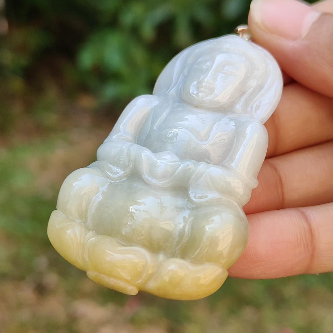 Yellow and White Guanyin Pendant Necklace Natural Type A Jadeite with certificate included weigh 25.08 grams, 59.1 * 38.6 * 7 mm, suitable for your daily wear (pendant6)