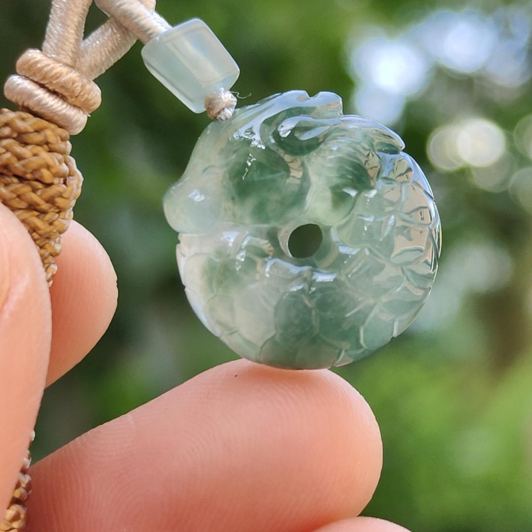 Hight Quality Green with Green Patches Natural Type A Jadeite Jade crafted with shape of Donut with Baby Dragon as Pendant, QIC approved labs certificate weigh 4.11 grams, measurement 17.2 * 16.3 * 5.1 mm (pendant242)