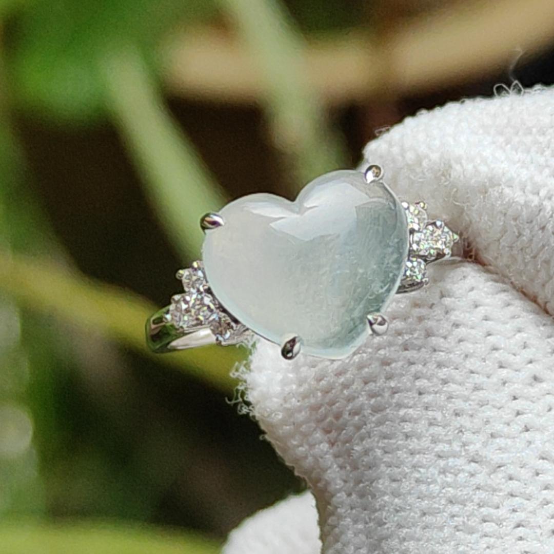 Mid Year Offer - Premium Icy Translucent Natural Type A Jadeite Jade Cabochon 8.5 * 9.8 * 3.2 mm crafted with shape of Heart set on 18k gold as Ring, certificate weighs 1.83 grams (18kring27)