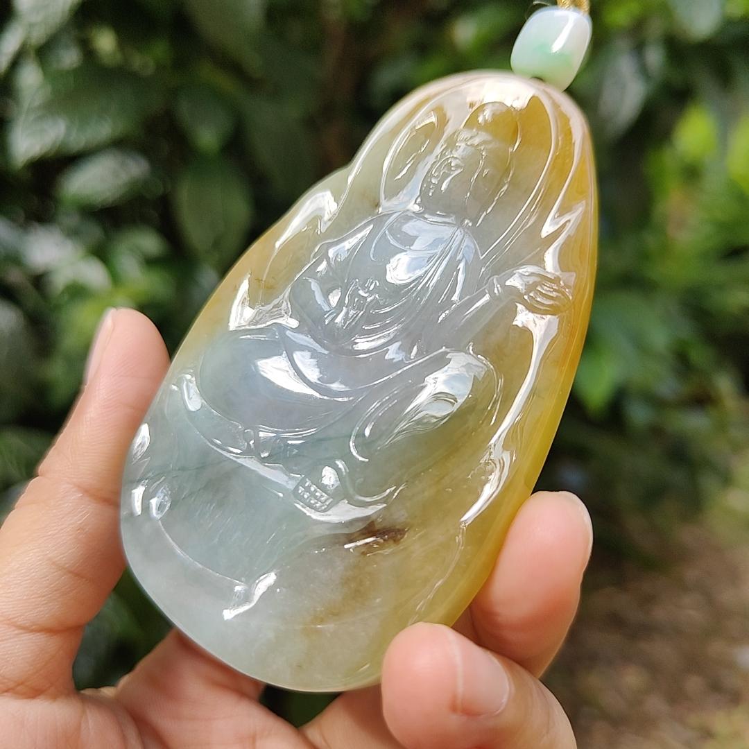 Hugh High Quality Light Green, Yellow Brown and Red Natural Type A Jadeite Jade crafted as Guanyin for Pendant, certificate weighs 79.47 grams, measurement 83.3 * 52.6 * 8.5 mm (pendant282)