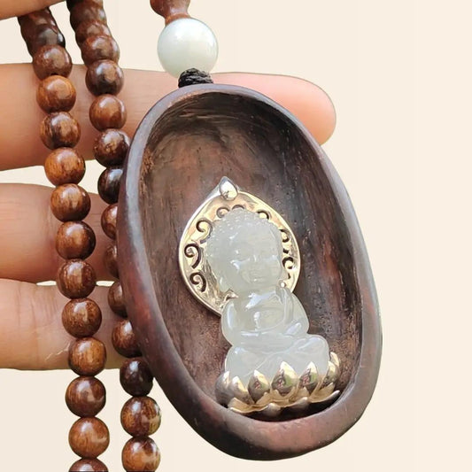 Semi Icy Good Translucent Natural Type A Jadeite Jade crafted as Buddha set on S925 and Sandalwood as Pendant, certificate weighs 31.79 grams, measurement 60.3 * 37.1 * 21.1 mm  (s925p2)