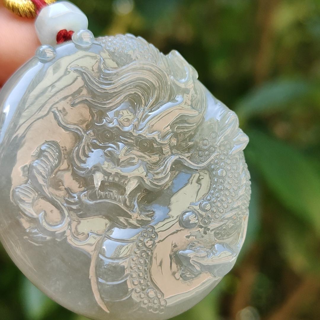 Light green with Brown fine quality Natural Type A Jadeite Pendant carved with dragon meaning wisdom, Auspiciousness, strength and independence with certificate weigh 41.21 grams, 46 * 40.60 * 10.80 mm, very suitable for daily wear (pendant91)