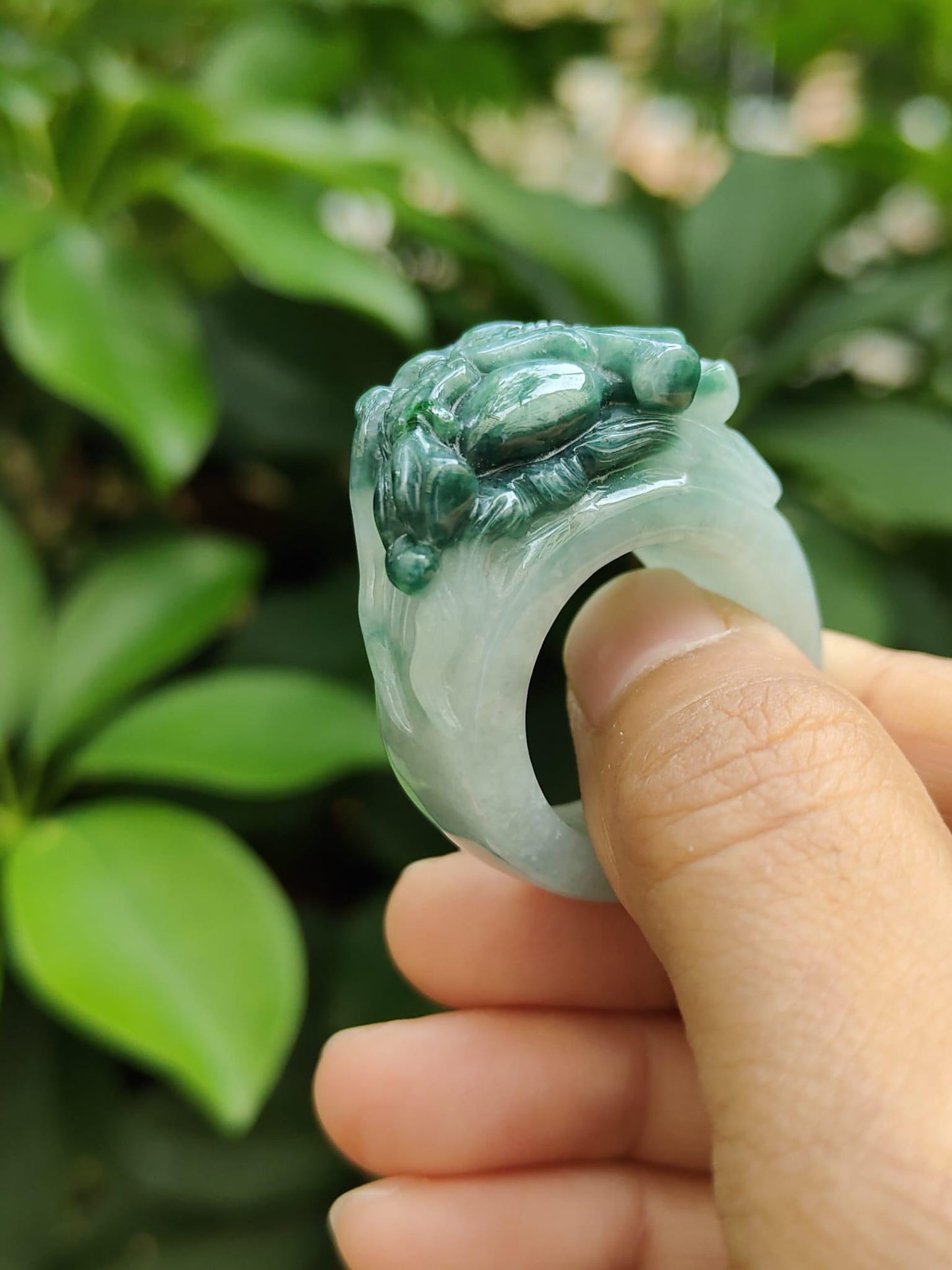 #Sold - Green with Green Hue Natural Type A Jadeite Jade crafted as Ring with Dragon, finger ring size 20.9 mm, certificate weighs 25.31 grams(ring9)