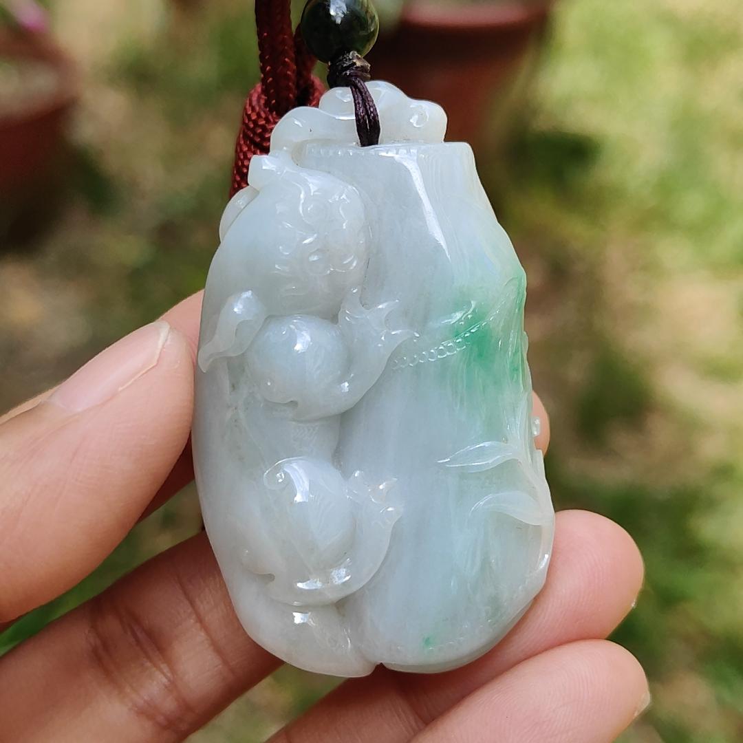 Green with yellow patches Natural Type A Jadeite Jade crafted as Bamboo with Pixiu as Pendant, certificate weigh 35.85 grams, measurement 52.3 * 31 * 12.2 mm (pendant223)