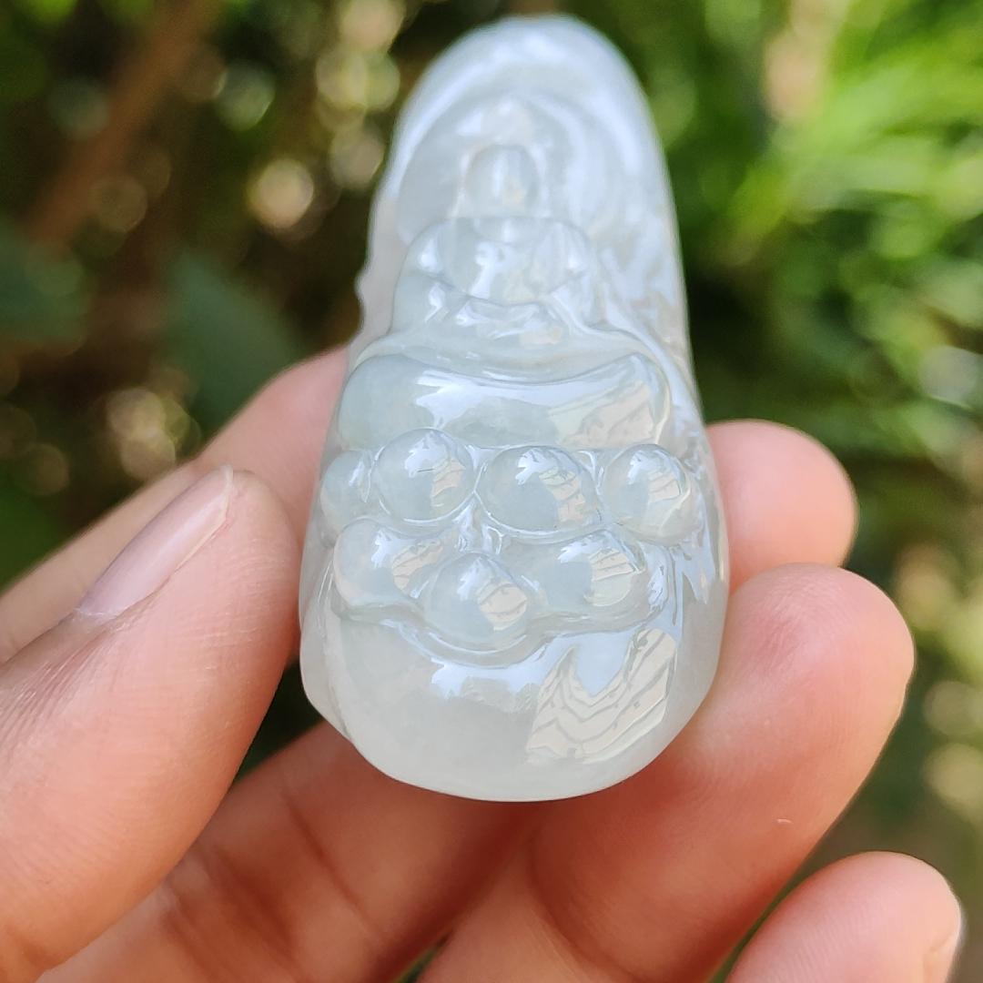 High Quality Light Green Hue Natural Type A Jadeite Jade crafted with Faceless Guanyin as Pendant, Certificate weighs 33.26 grams, measurement 63.8 * 23.6 * 12.2 mm (pendant237)