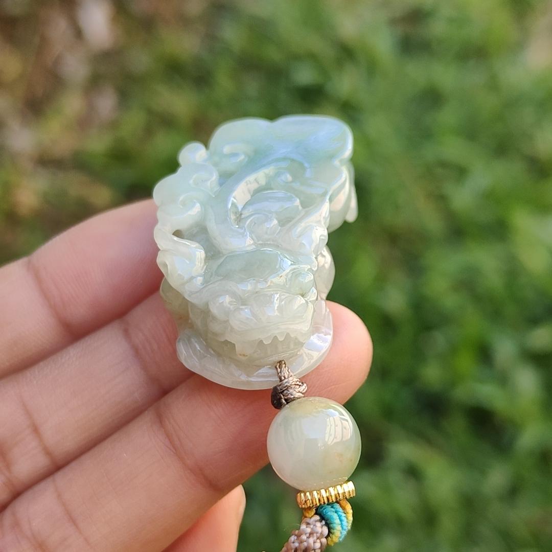 Crafted as Pixiu Light Green Natural Type A Jadeite Jade Pendant Necklace with certificate weigh 18.41 grams, measurement 38.3 * 21.6 * 11 mm (pendant178)