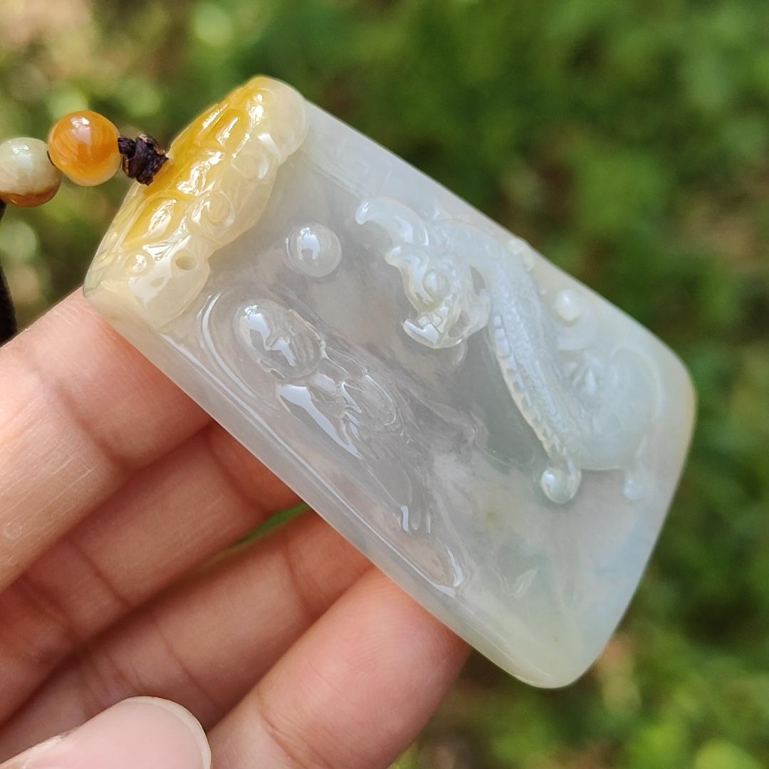 Rare Yellow and white Glutinous Natural Type A Jadeite Pendant Necklace crafted with faceless buddha and dragon olc school style with certificate weigh 37.61 grams, 51 * 33.2 * 10 mm (pendant101)