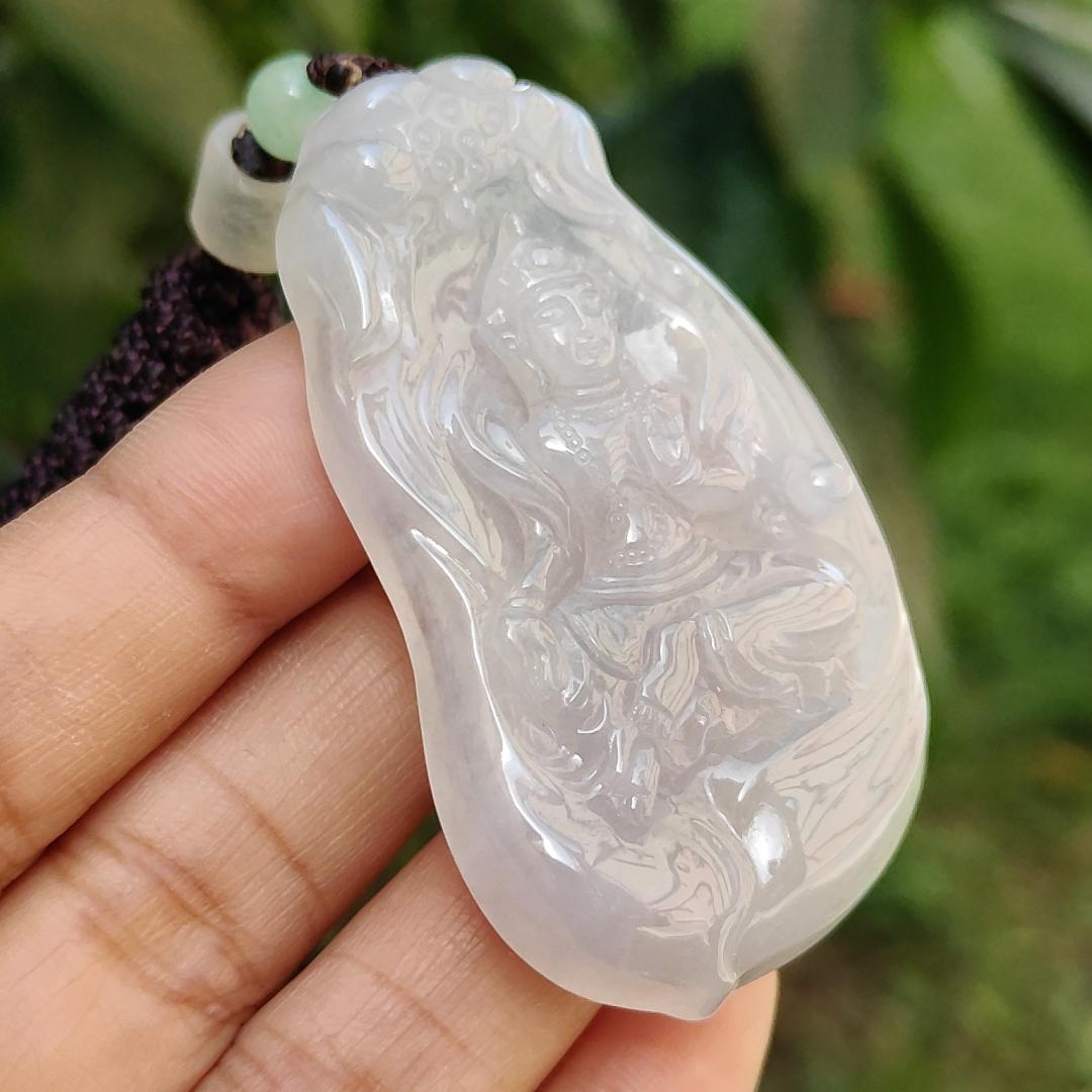 Semi Icy Rare Old School Natural Type A Jadeite Jade Pendant Necklace crafted as Manjushri Bodhisattva without Mount with certificate weigh 25.28 grams, 58 * 33.2 * 7.3 mm (pendant167)