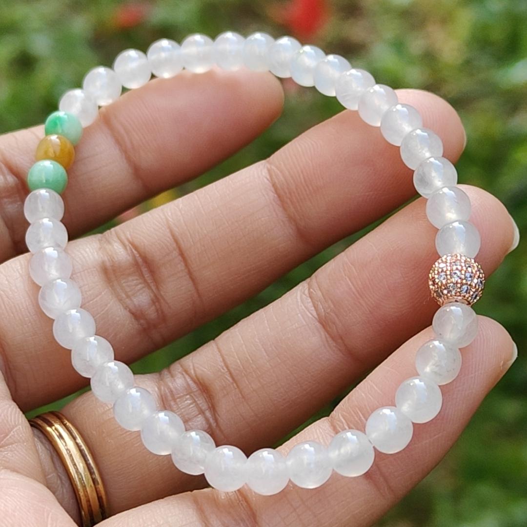 Icy Translucent beads, mix with 2 green 1 yellow Natural Type A Jadeite Bracelet, total of 38 beads with GIC labs approved certificate weigh 8.43 grams, measurement 4.8 mm, a stunning collection for your daily wear (bracelet3)