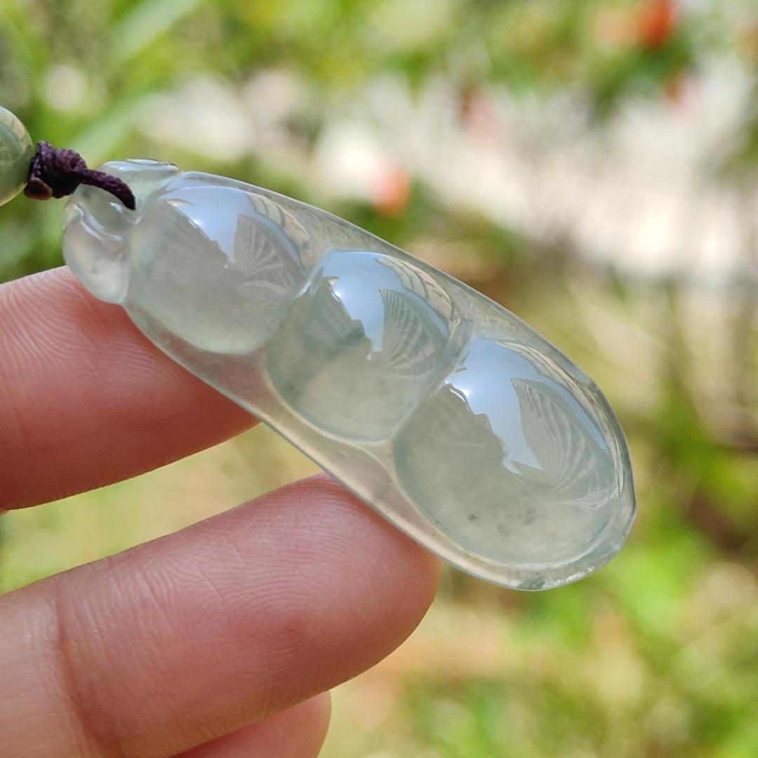 Premium Icy Translucent Green Hue Natural Type A Jadeite Jade crafted with French Beans as Pendant, symbols of Beauty, harmony, harvest and happiness, certificate weigh 7.44 grams, measurement 41.3 * 16.2 * 6.9 mm (pendant219)