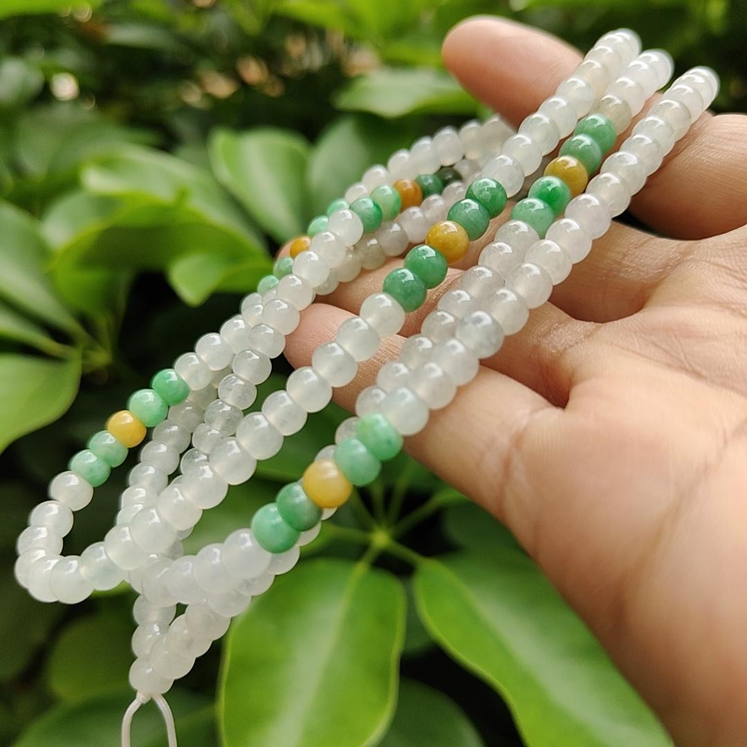 High Quality 90% Perfect 184 drum shape Icy * 154, Green * 24, Yellow * 6 Natural Type A Jadeite Jade Beads as Bracelet Necklace certificate weighs 49.19 grams, measurement 5.7 mm (bracelet29)