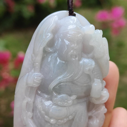 Rare 3 colors - crafted as Guan gong with lavender, green and brownish red patches Natural Type A Jadeite Pendant with NGI Gemstone report weight 380.02 grams, 72.30 * 41.08 * 15.00 mm, Translucent Fine grain crystal aggregate (pendant115)