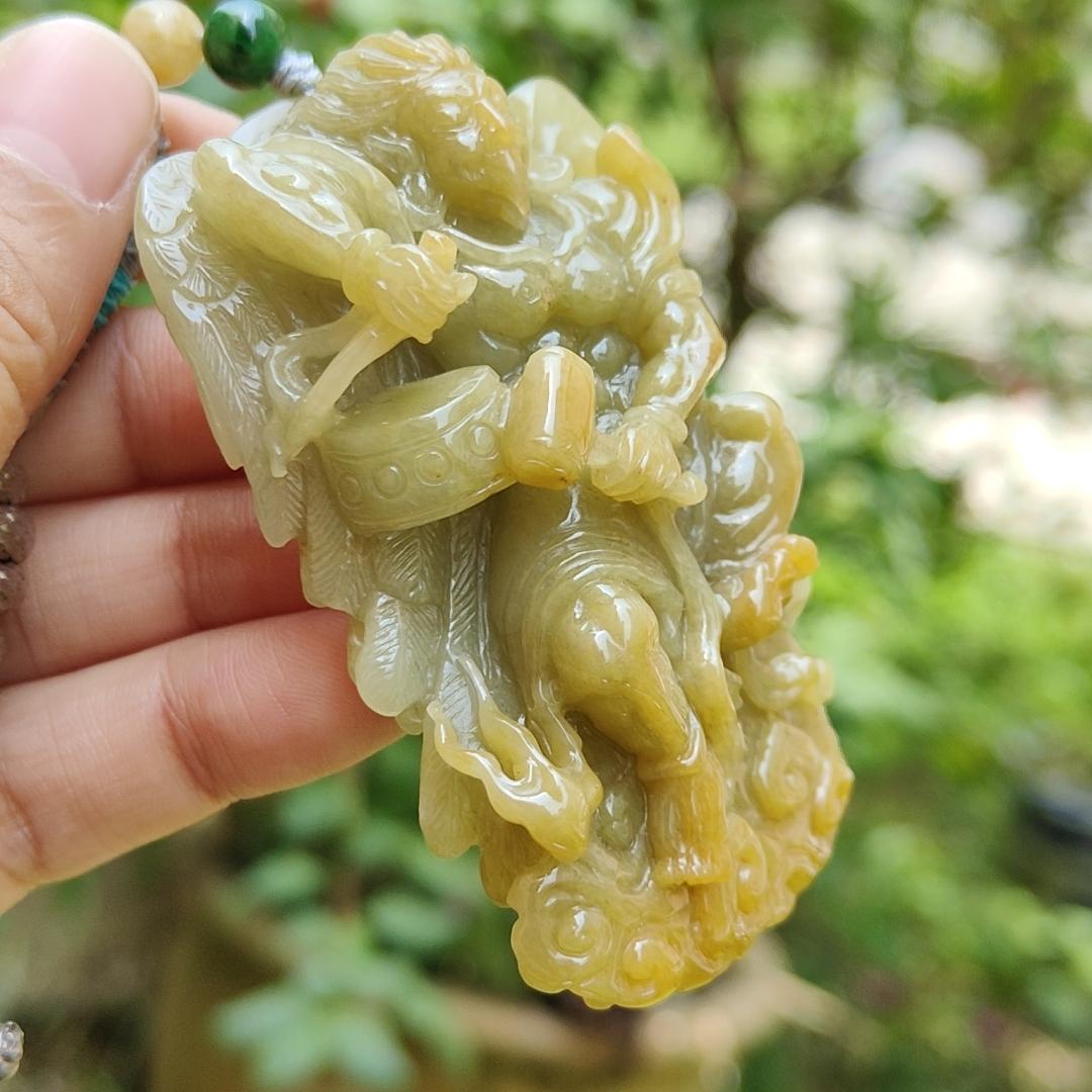 Super Rare Yellow with Light Green Hue Natural Type A Jadeite Jade crafted with shape of Lei Zhenzi as Pendant, certificate weighs 79.58 grams, measurement 69.8 * 42 * 19.5 (pendant257)