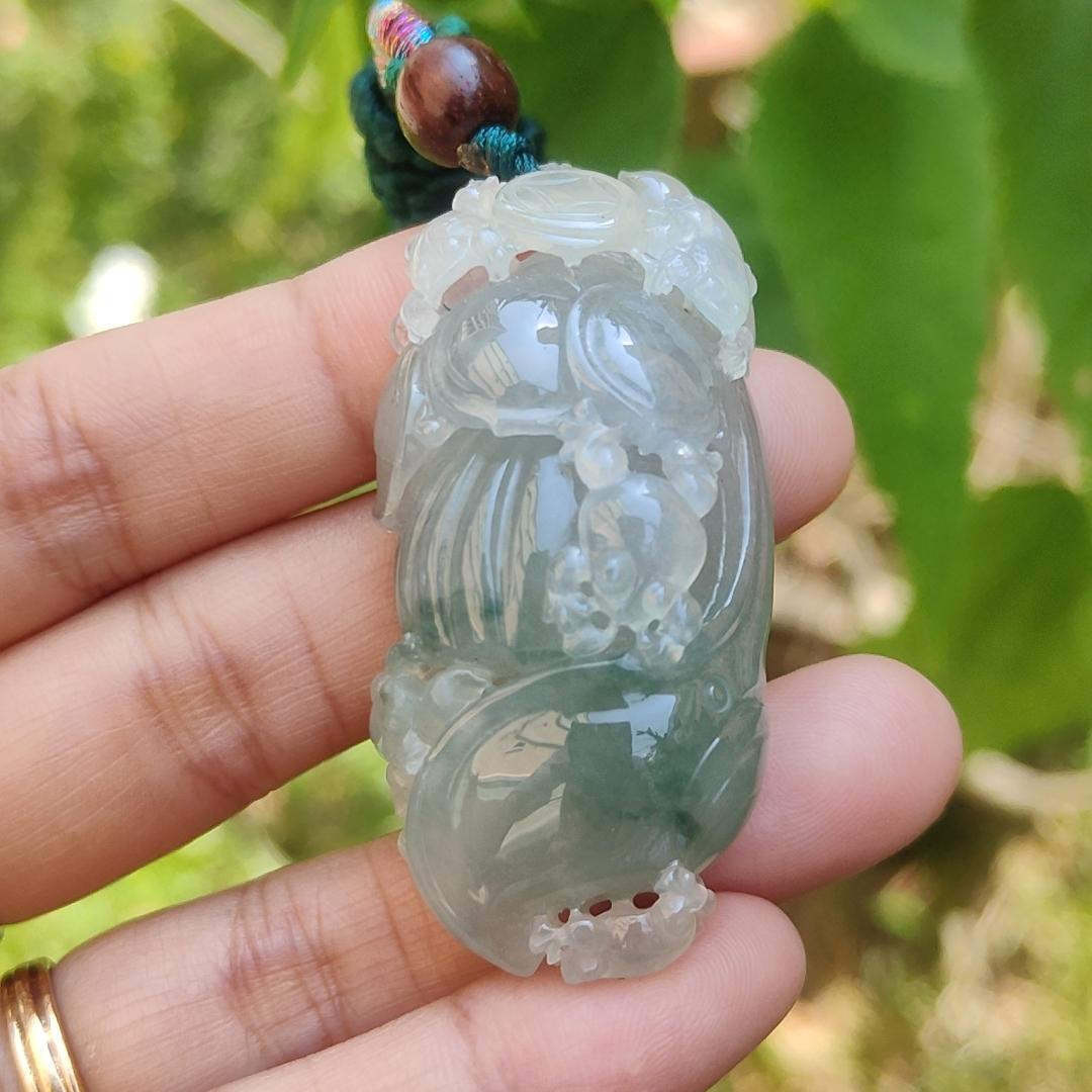 Premium Light Green Semi Icy Natural Type A Jadeite Jade Pendant crafted with frogs, coins and lotus with certificate weigh 35.12 grams, measurement 50.7 * 24.7 * 18.2 mm (pendant193)